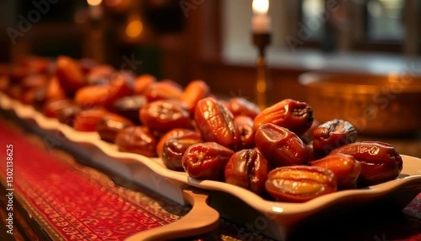 Obraz Simple yet elegant image of dates in a bowl. Warm, golden tones and soft lighting for a cozy feel