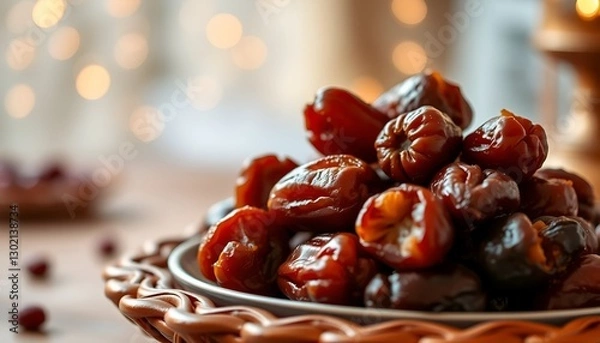 Obraz Dates in a decorative bowl, ideal for Ramadan, Eid, or healthy eating concepts. Warm, golden tones and bokeh lights.