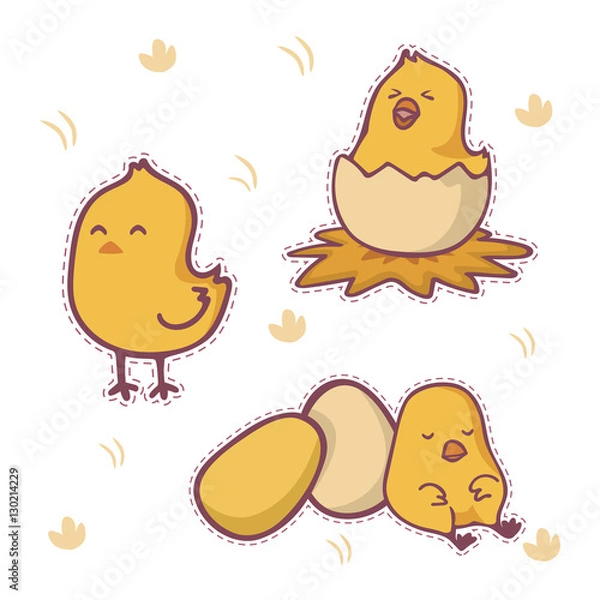 Fototapeta Set of happy cute cartoon chicken  character patch, vector illustration