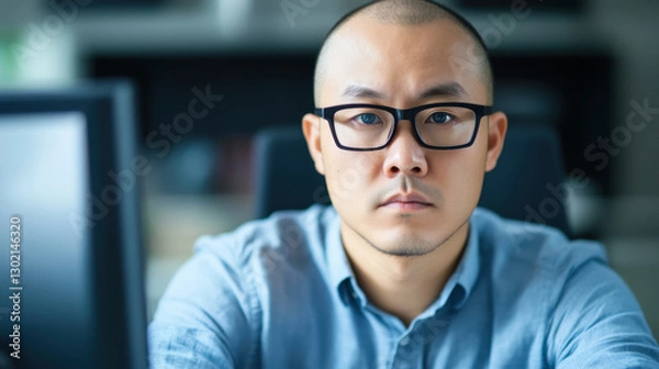 Fototapeta focused man with glasses sitting at desk, working on computer in modern office environment. His serious expression reflects concentration and professionalism