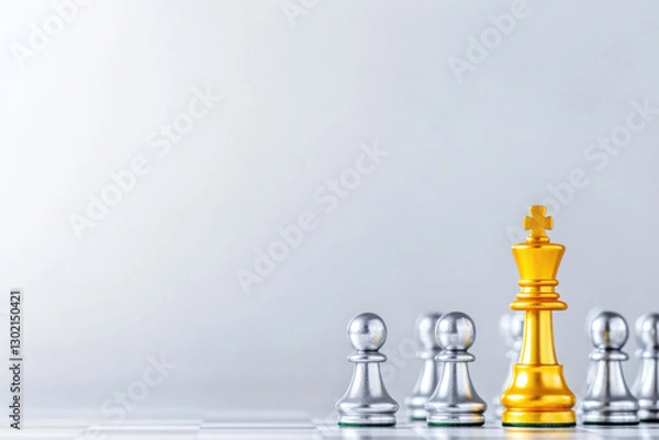 Obraz golden chess piece stands out among silver pawns, symbolizing strategy and competition in game of chess. contrast highlights importance of each piece on board