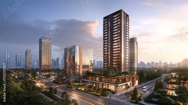 Fototapeta Modern city architecture featuring tall buildings, illuminated streets, and a sky with dramatic clouds