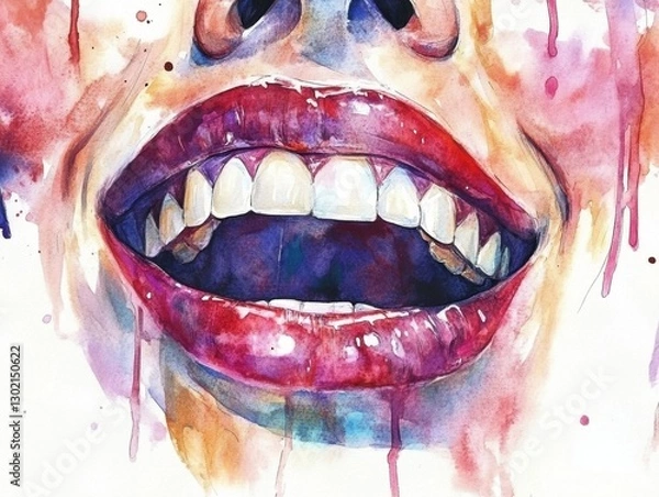 Fototapeta Joyful expression vibrant watercolor artistic portrait creative studio close-up view emotional chaos