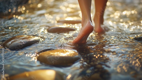 Fototapeta Serene barefoot steps traverse gleaming river stones, embracing nature's gentle current and the glow of reflections Image made using Generative AI