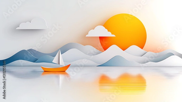 Fototapeta Sailing at sunset on a serene lake tranquil landscape digital art peaceful environment side view nature's beauty