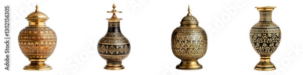 Fototapeta Exquisite collection of ornate traditional golden brass vases pitchers and urns displayed in a museum setting  These antique handcrafted ethnic artifacts showcase intricate designs and luxurious