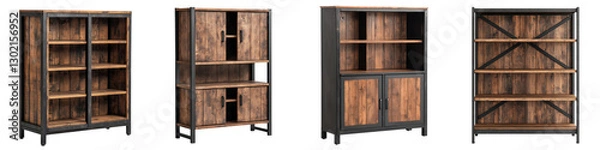 Fototapeta Assortment of modern rustic and industrial style wooden shelving units cabinets and storage solutions for home office and commercial interior design applications