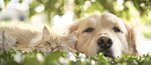 Fototapeta dog and cat resting peacefully together in shaded area, surrounded by greenery. Their relaxed expressions convey sense of calm and companionship