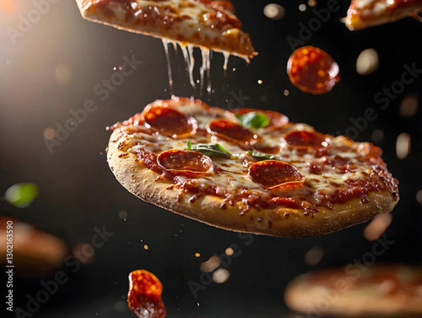 Fototapeta dramatic shot of pepperoni pizzas tumbling downward, showcasing melted cheese and vibrant toppings. scene captures excitement of pizza in motion