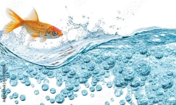 Obraz Vibrant goldfish leaps from crystal-clear water, creating a dynamic splash with countless bubbles against a stark white backdrop.