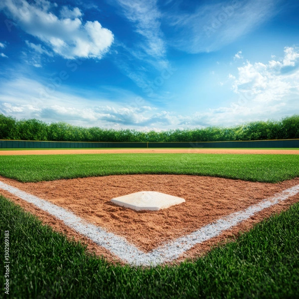 Fototapeta realistic view from behind home plate at baseball field, showcasing vibrant green grass, dirt infield, and clear blue sky. scene evokes sense of excitement and anticipation for game ahead