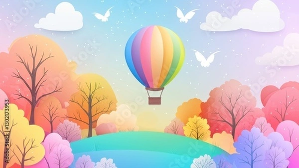 Fototapeta A colorful hot air balloon floats over a vibrant, whimsical landscape with trees and birds.