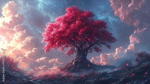 Fototapeta Majestic pink cherry blossom tree in a vibrant sky