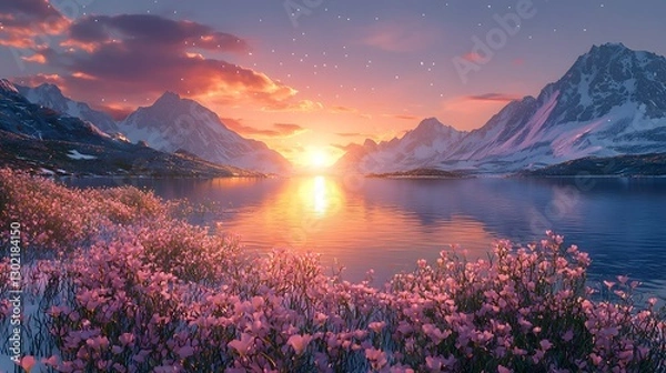Fototapeta A breathtaking sunset over a calm lake with reflective water surrounded by lush greenery and a colorful sky
