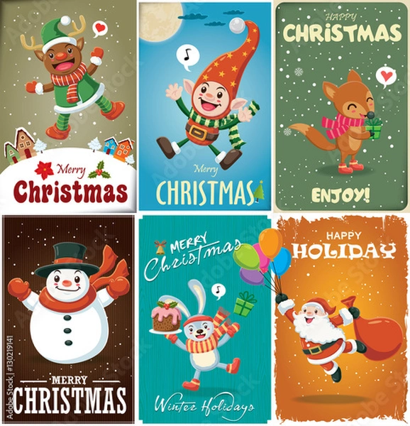 Fototapeta Vintage Christmas poster design with Santa Claus, elf, reindeer, snowman, fox, rabbit characters.