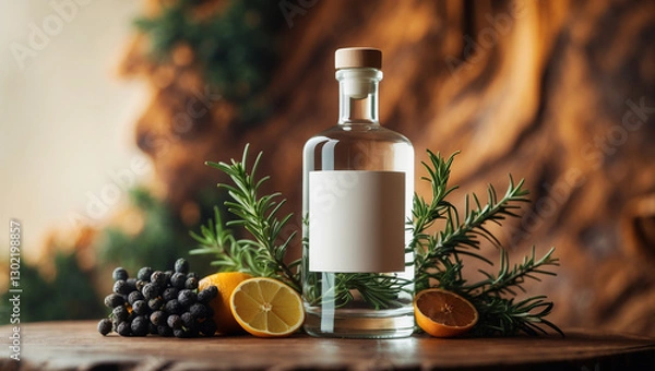 Fototapeta Elegant gin bottle with blank label, surrounded by fresh rosemary, juniper berries, and citrus slices on a rustic wooden surface. Premium alcohol branding concept