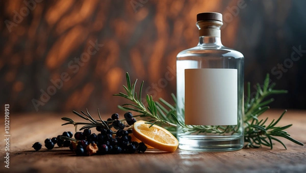 Fototapeta Premium gin bottle mockup with a blank label, styled with juniper berries and rosemary on a wooden background. Ideal for branding, product packaging, and commercial marketing