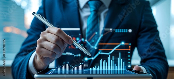 Obraz Business Professional in a Suit Analyzing Financial Graphs on a Digital Display with Holographic Charts and Stock Market Trends in a Futuristic Corporate Environment