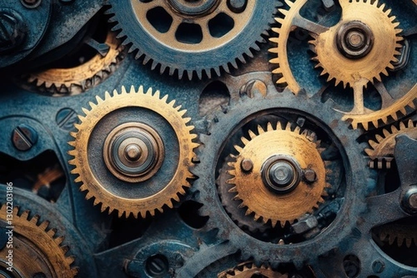 Fototapeta Intricate clockwork gears, brass and steel, interlock in a complex mechanism.