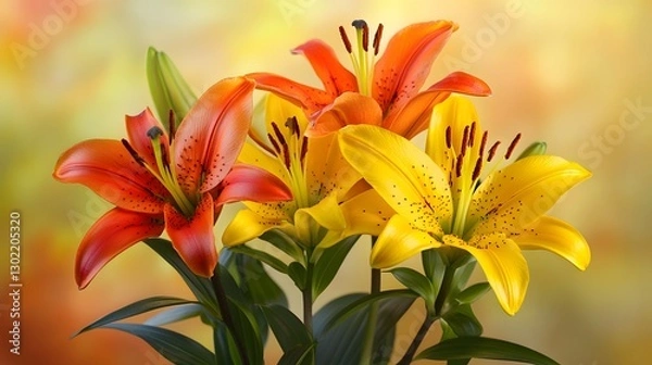 Fototapeta Close up photography featuring colorful lilies with green leaves and stems