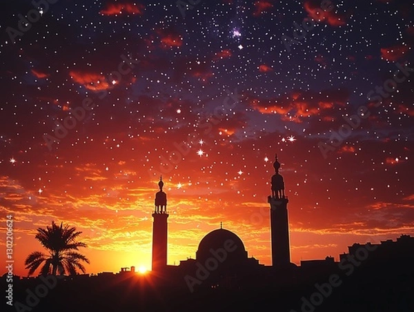 Obraz Sunset Mosque Silhouette, Starry Night