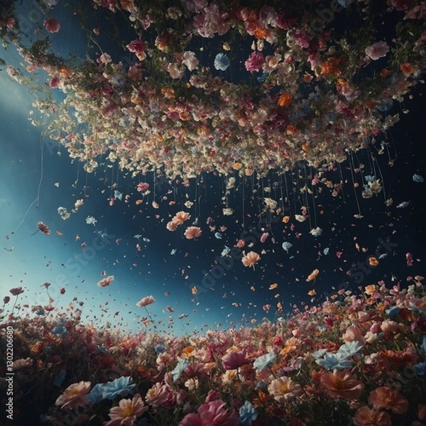 Fototapeta A surreal dreamscape of floating flowers suspended in zero gravity.