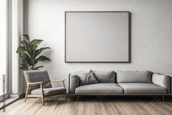 Fototapeta Minimalist living room with grey sofa, armchair, and large blank frame.