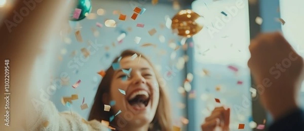 Fototapeta Team Celebrating Achievement with Confetti Toss in Office, Focused on Joy