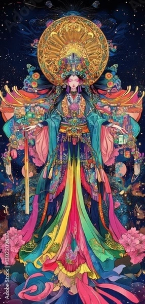 Fototapeta Ritualistic kagura dancer in elaborate costume, performing with divine elegance, symbolic and mystical traditional illustration