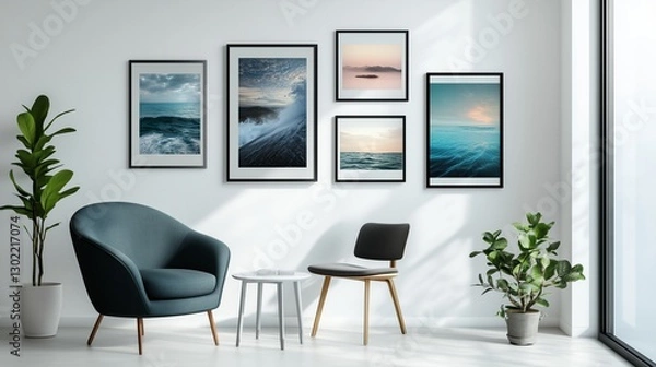 Fototapeta Several framed posters hang evenly spaced on a white wall in soft lighting