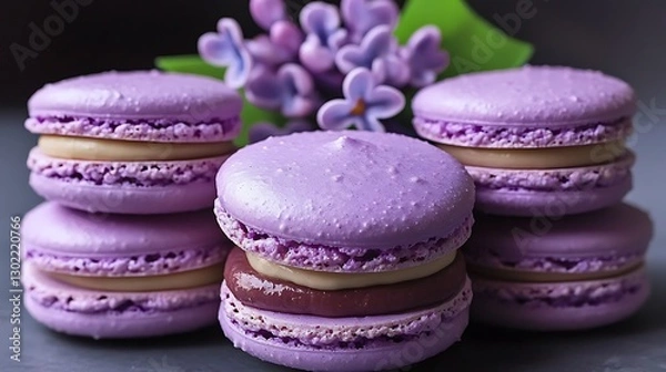 Fototapeta Lavender Macarons with Lilacs on Dark Table