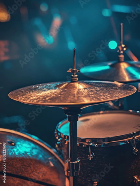 Fototapeta A close-up photo of a vintage drum kit with worn cymbals and wooden drum shells
