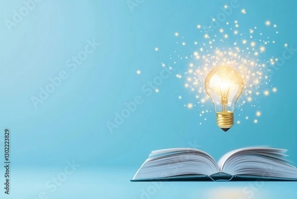 Fototapeta Bright lightbulb illuminating an open book on a blue background representing the concept of education learning creativity and the power of knowledge and innovation