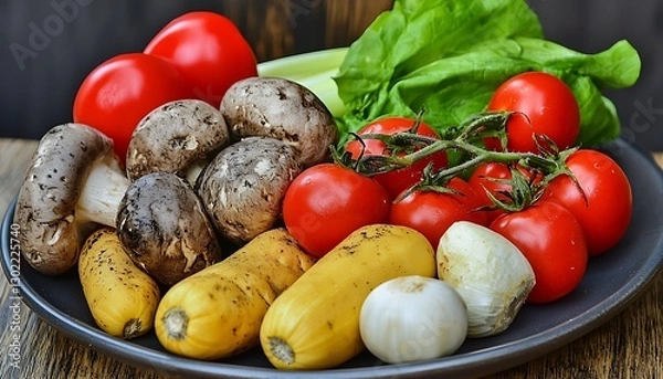 Obraz Fresh vegetables on dark plate, wooden background