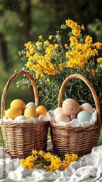 Obraz Pastel eggs in wicker baskets, spring flowers