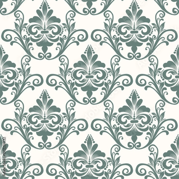 Fototapeta Elegant damask pattern with intricate floral elements and graceful scrolls in soft green on a cream background. Perfect for wallpaper, fabric, wedding invitations, luxury packaging.
