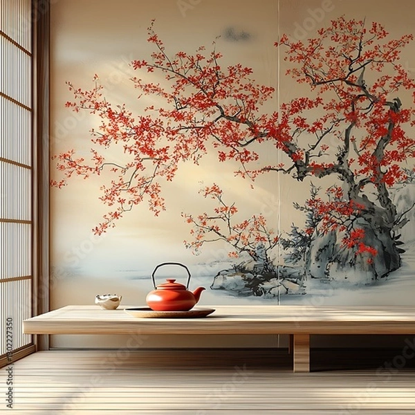 Obraz Red blossoms mural, serene tea room