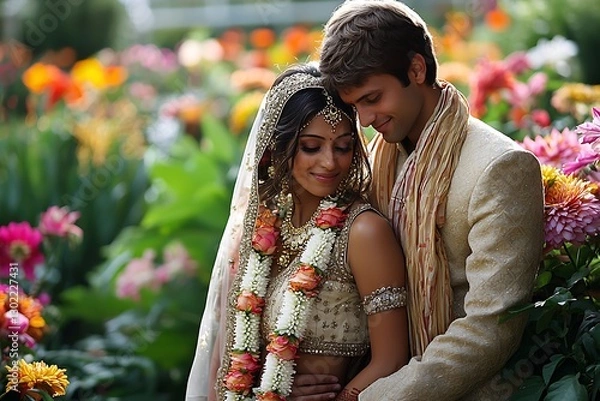 Obraz Couple embraces amidst vibrant garden blooms
