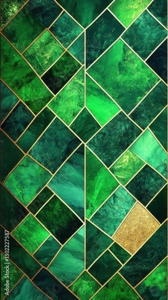 Fototapeta Textured geometric pattern with interlocking designs in various shades of green featuring golden accents
