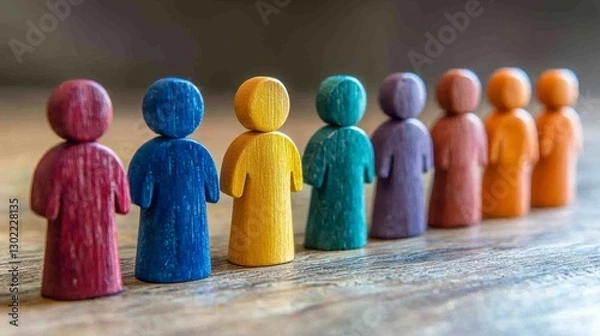 Fototapeta Colorful wooden figures arranged in a line, symbolizing diversity and unity in a playful and artistic manner.