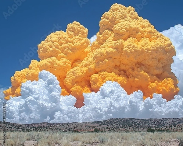 Obraz Yellow wildfire plume over desert landscape