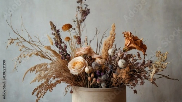 Fototapeta A beautifully styled arrangement featuring dried flowers in soft, earthy tones, creating a dreamy and elegant aesthetic. Perfect for interior decor, floral design, and artistic compositions.