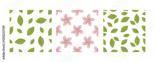 Fototapeta Seamless botanical pattern set with green leaves and pink lotus flowers in flat style on white background