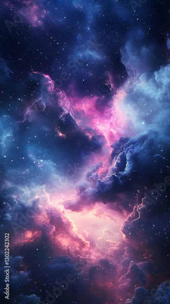 Fototapeta Deep space blue infused with striking neon pink radiating across surreal floating clouds in a hyper-realistic celestial scene