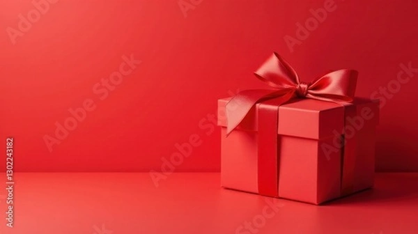 Fototapeta A Vibrant Red Gift Box with a Satin Ribbon Bow on a Matching Background, Perfect for Festive Occasions and Celebrations
