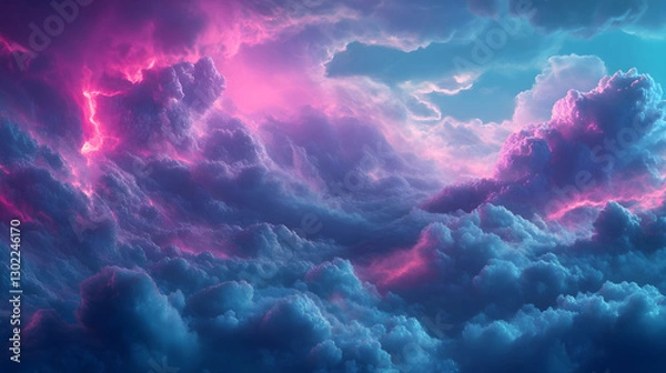 Fototapeta Mystic navy blue and bold fuchsia pink intertwining across an endless horizon of glowing dreamlike clouds
