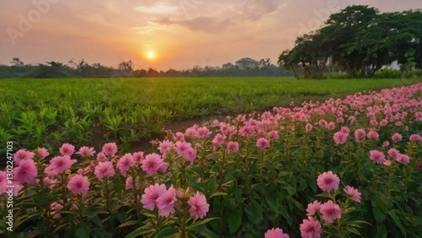 Fototapeta Field of beautiful pink flower and green leaf on sunset background in Thailand
