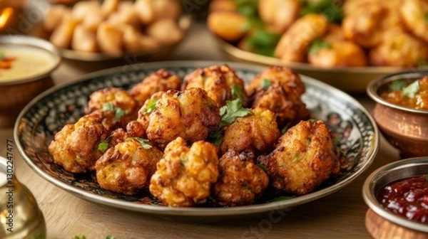 Obraz Crispy Fried Indian Vegetable Fritters Garnishing Cilantro