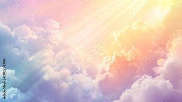 Fototapeta Soft Watercolor Sky with Pastel Clouds and Golden Rays of Light, Evoking Tranquility and Hope, Perfect for Motivational Branding, Wellness Campaigns, and Spiritual Designs.