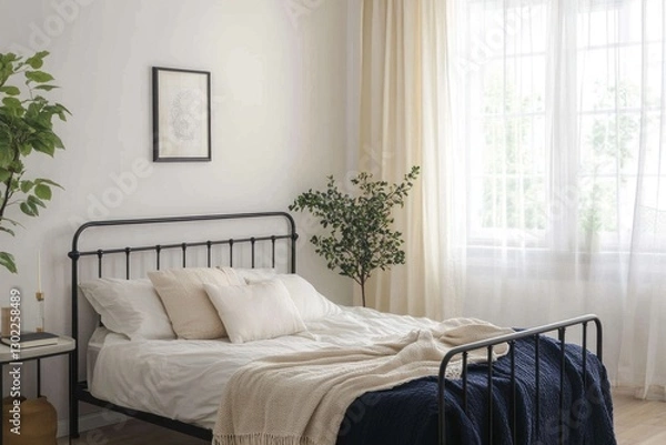 Fototapeta Minimalist bedroom with metal bed frame, neutral bedding, and plants.